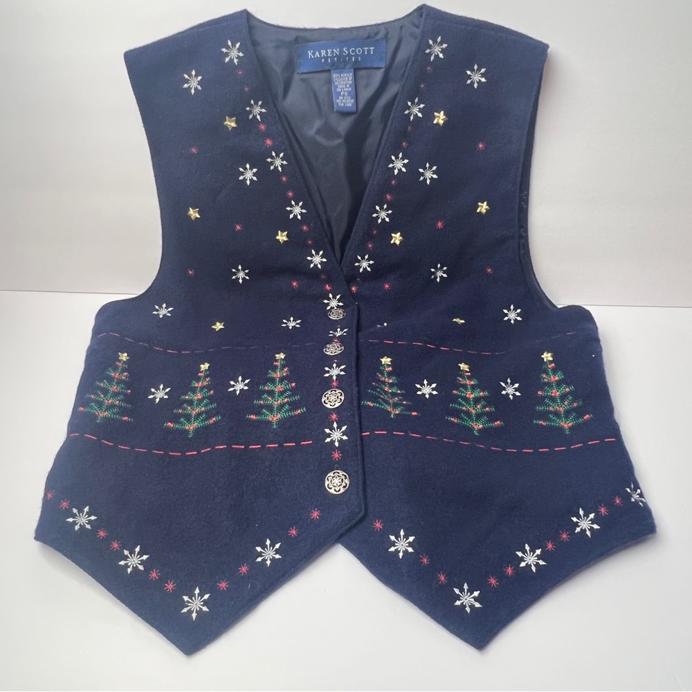 Karen Scott Women’s Christmas Vest SP Navy Blue Embroidered Snowflakes Trees